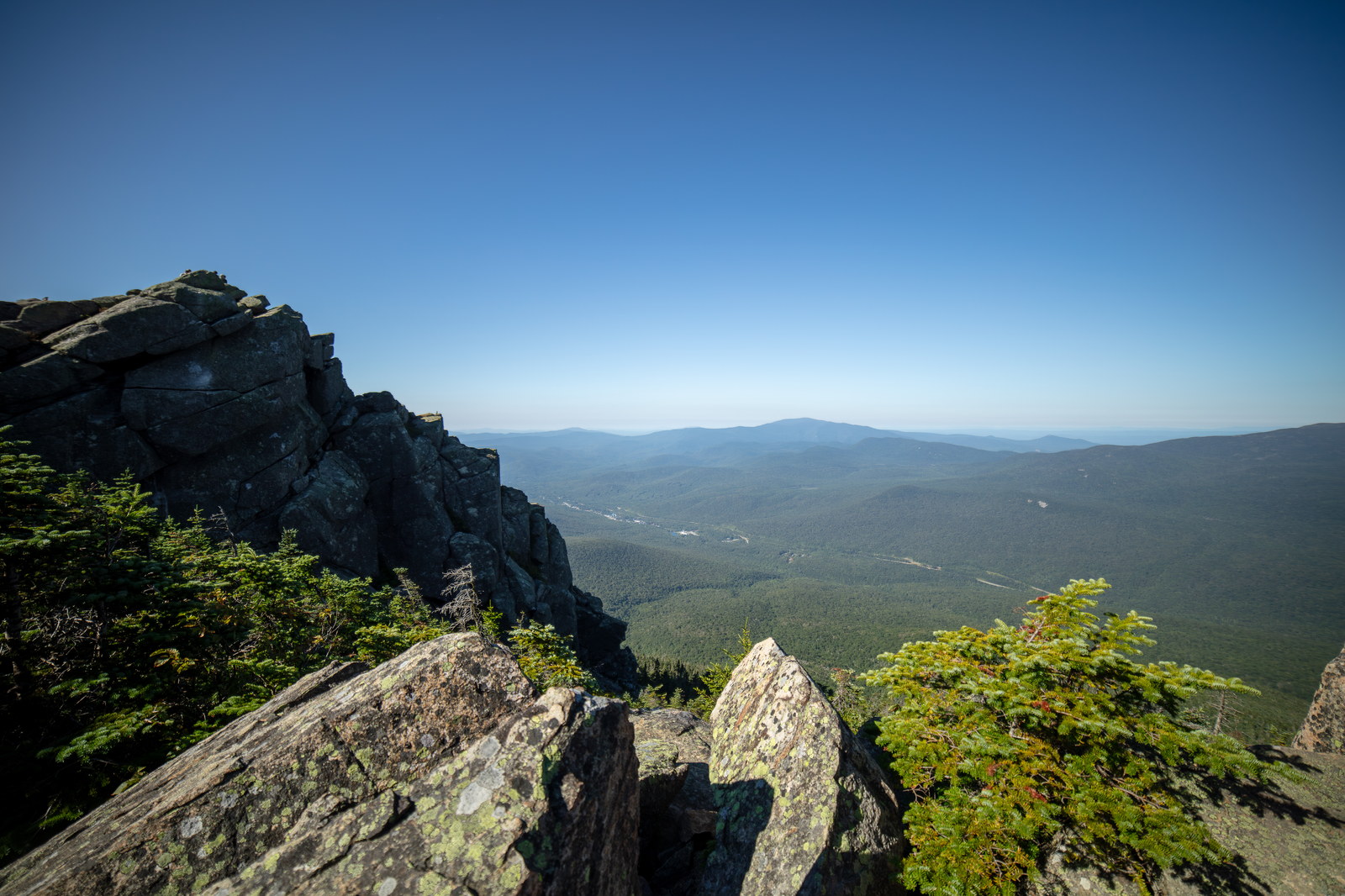 Mount Liberty rocky summit with green alpine trees and distant White Mountains under clear blue sky