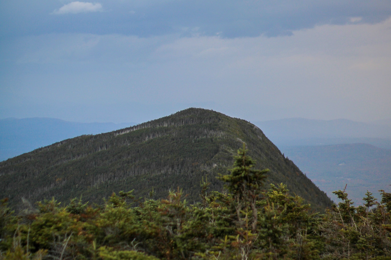 North Kinsman Mountain peak under cloudy sky with evergreen trees in foreground