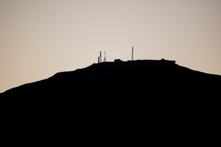Cog railway grade and observation deck near the summit of Mount Washington
