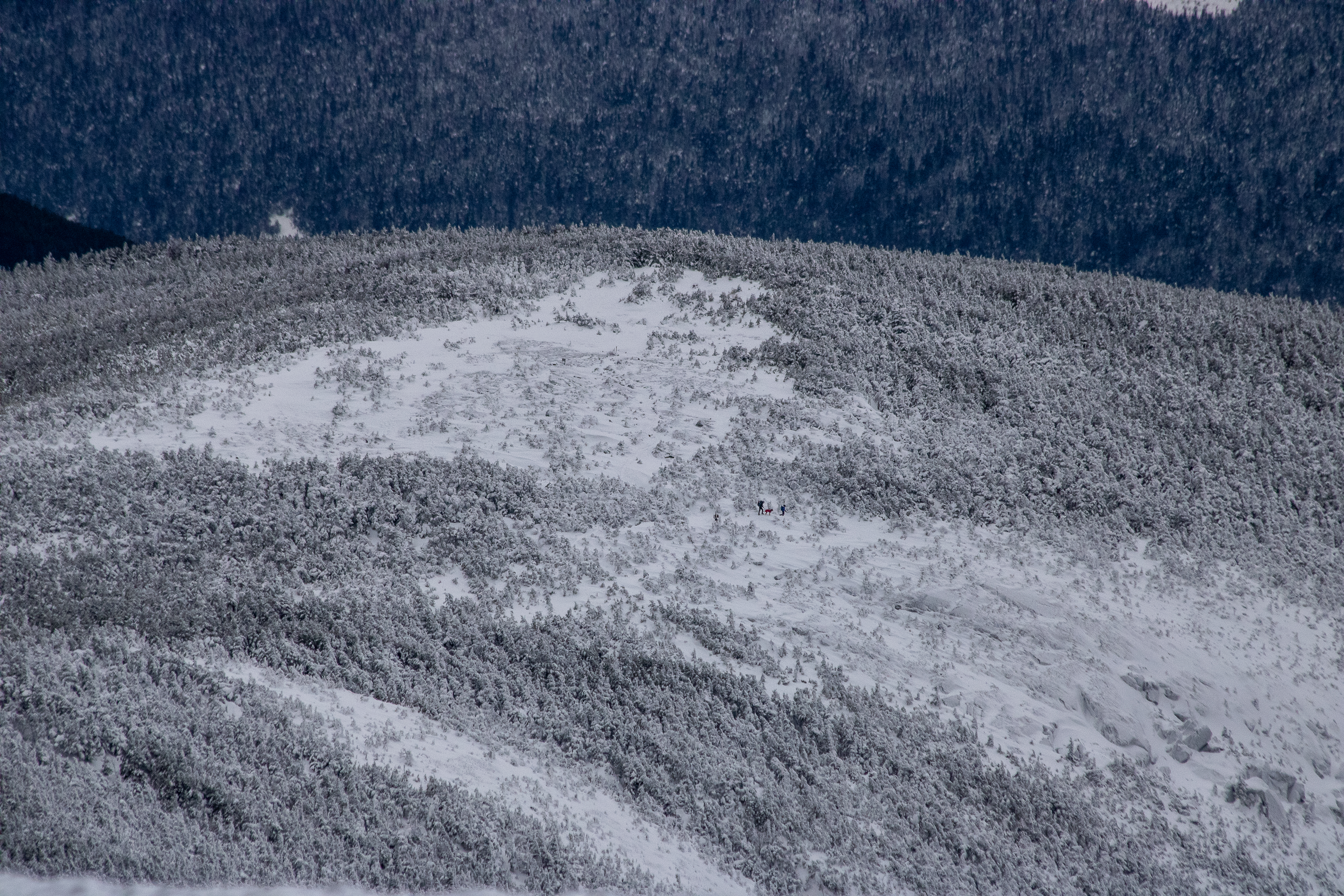 Snowy Mount Pierce summit ridge with hikers in winter afternoon light