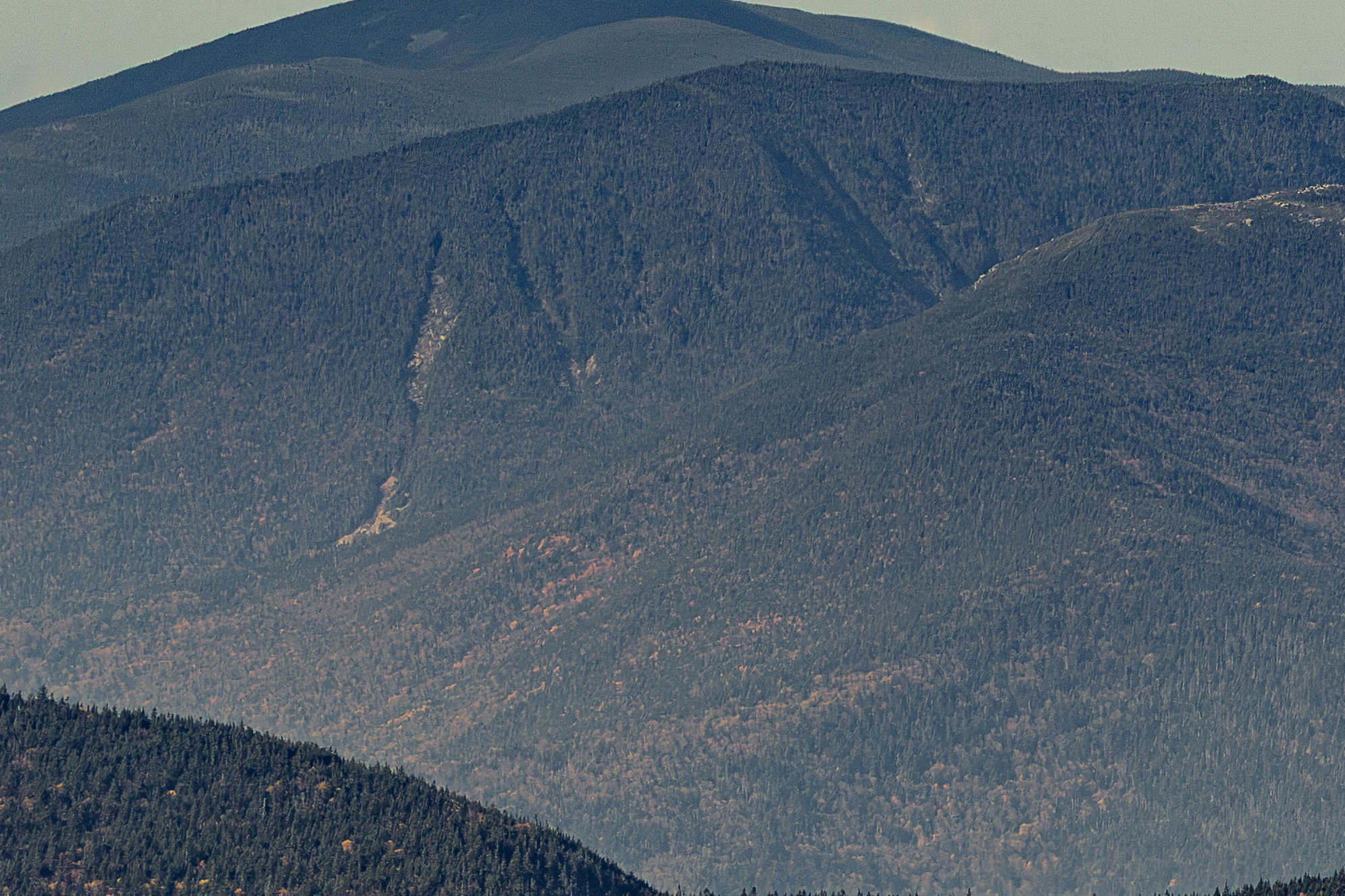 Mount West Bond ridge line in fall afternoon light with forested slopes
